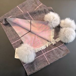 Scarf with Dyed Blue Fox Pompoms